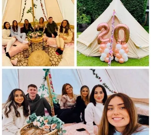 Bell tent party collage with guests and pink birthday balloons